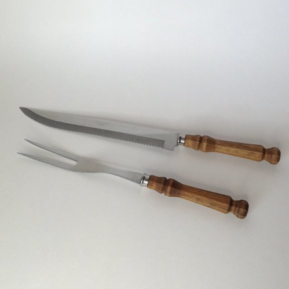 Vintage 2 Piece Knife & Fork Stainless Steel Japan Carving Set Wooden Handles - Picture 1 of 9